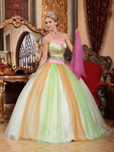 Modest Multi-color Sweetheart Beaded Quinceanera Dresses Made in Tulle