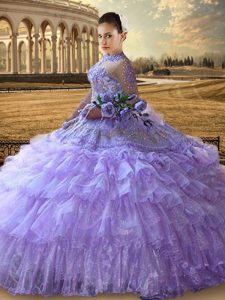 Ruffled High-neck Long Sleeves Lace Up Sweet 16 Dresses Lavender Tulle