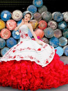 White And Red Lace Up Sweetheart Appliques and Embroidery and Ruffles Quinceanera Gowns Organza Sleeveless