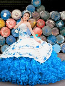 Modern Halter Top Blue And White Lace Up Quince Ball Gowns Appliques and Embroidery and Ruffles Sleeveless Floor Length