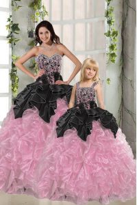 Best Pink And Black Sleeveless Floor Length Beading and Ruffles Lace Up Quinceanera Dress
