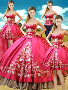 Fashionable Four Piece Sleeveless Taffeta Floor Length Lace Up Sweet 16 Quinceanera Dress in Hot Pink with Beading and Embroidery