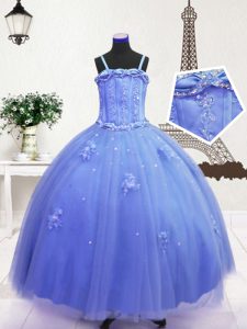 Blue Zipper Spaghetti Straps Beading and Hand Made Flower Little Girl Pageant Gowns Tulle Sleeveless
