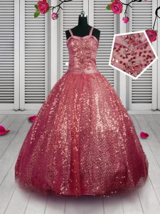 Floor Length Lace Up Little Girls Pageant Gowns Watermelon Red for Party and Wedding Party with Beading and Sequins