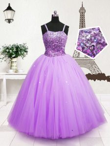 Exquisite Lavender Spaghetti Straps Zipper Beading and Sequins Pageant Gowns For Girls Sleeveless