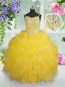 Pick Ups Floor Length Ball Gowns Sleeveless Gold Little Girls Pageant Gowns Lace Up