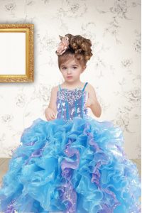 Discount Sequins Ball Gowns Girls Pageant Dresses Multi-color Spaghetti Straps Organza Sleeveless Floor Length Lace Up
