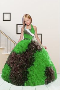 Lovely Halter Top Apple Green and Chocolate Sleeveless Beading and Ruffles Floor Length Pageant Gowns For Girls