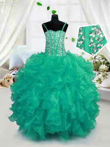 Turquoise Sleeveless Floor Length Beading and Ruffles Lace Up Little Girls Pageant Dress Wholesale