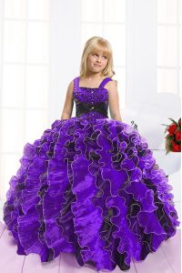 Blue And Black Sleeveless Beading and Ruffles Floor Length Little Girls Pageant Gowns