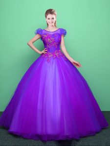 Scoop Floor Length Ball Gowns Short Sleeves Purple Sweet 16 Dress Lace Up