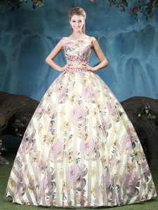 Exceptional Straps Sleeveless Tulle Floor Length Lace Up Quinceanera Gown in Multi-color with Appliques and Pattern