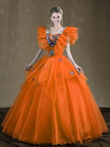 New Style Orange Red Sleeveless Appliques and Ruffles Floor Length Sweet 16 Quinceanera Dress