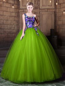 One Shoulder Floor Length Lace Up Quinceanera Dress Olive Green for Military Ball and Sweet 16 and Quinceanera with Pattern