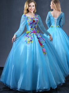 Long Sleeves Lace Up Floor Length Appliques Sweet 16 Dress