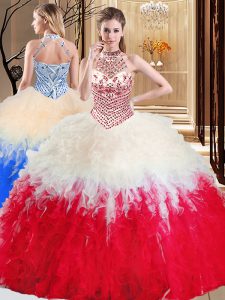 Halter Top Floor Length Lace Up Quinceanera Gown White And Red for Military Ball and Sweet 16 and Quinceanera with Beading and Ruffles