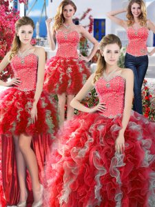Four Piece White And Red Sleeveless Beading Floor Length Quinceanera Dress