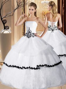 Sleeveless Floor Length Appliques and Ruffled Layers Lace Up Quinceanera Dress with White