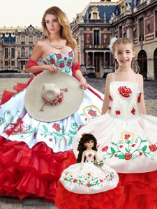 Custom Design White And Red Ball Gowns Organza Sweetheart Sleeveless Embroidery Floor Length Lace Up 15 Quinceanera Dress