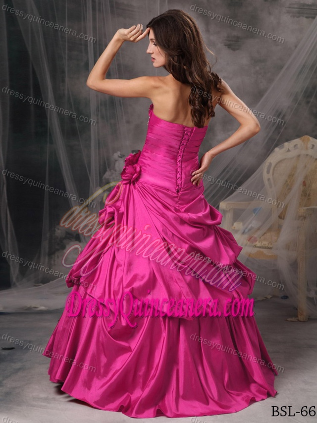 Princess Strapless Floor-length Taffeta Beaded Dresses for Quince in Hot Pink