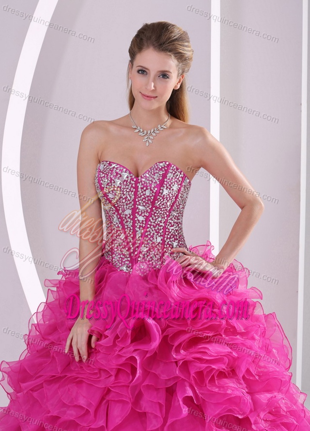 Fuchsia Ruffles Sweetheart Dress for Quinceanera with Ruffles and Beading
