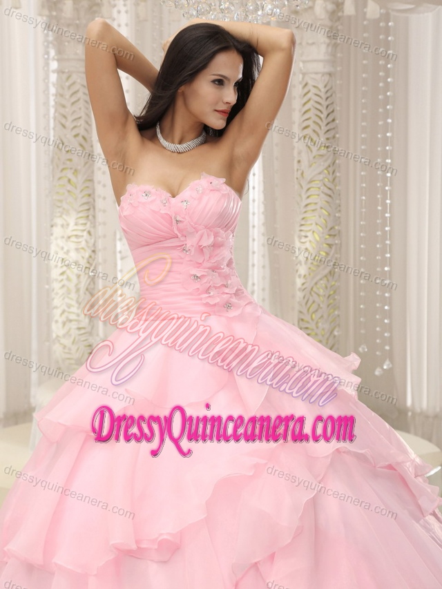 Fitted Baby Pink Sweet 15 Dress with Hand Made Flowers and Ruched Bodice