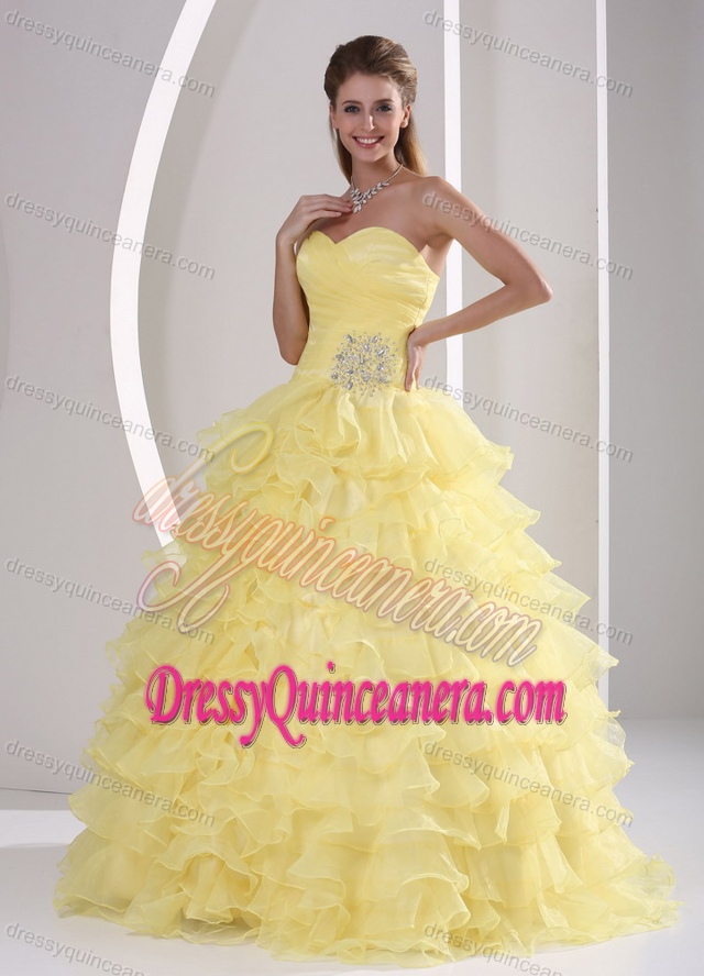 Light Yellow Ruffled Sweetheart Quinceaneras Dress with Appliques and Ruche