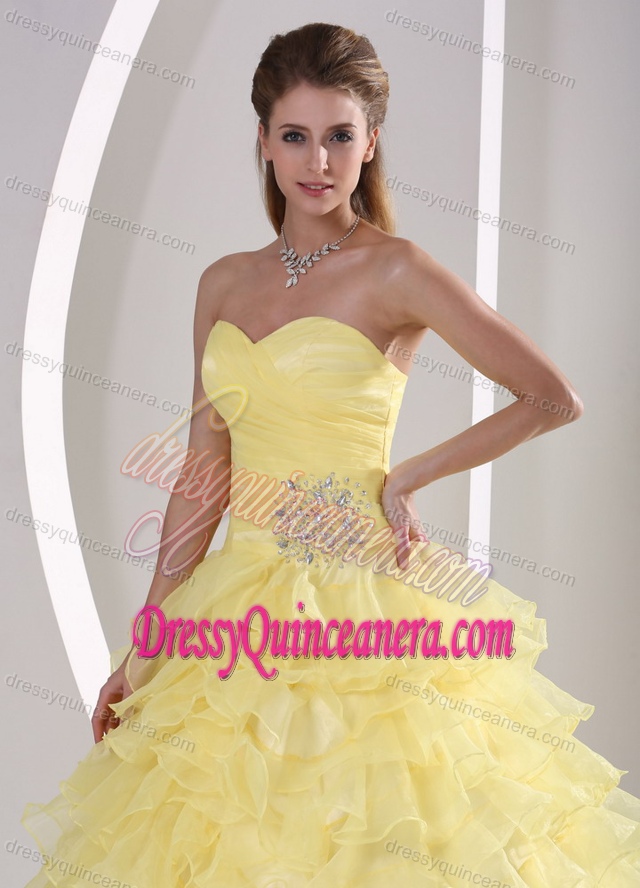 Light Yellow Ruffled Sweetheart Quinceaneras Dress with Appliques and Ruche