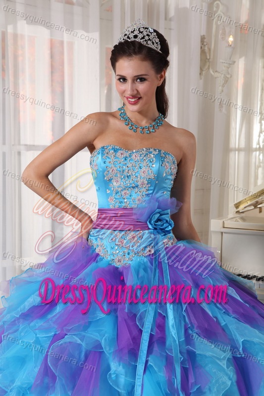 Baby Blue and Purple Strapless Organza Beaded Quince Dress with Appliques