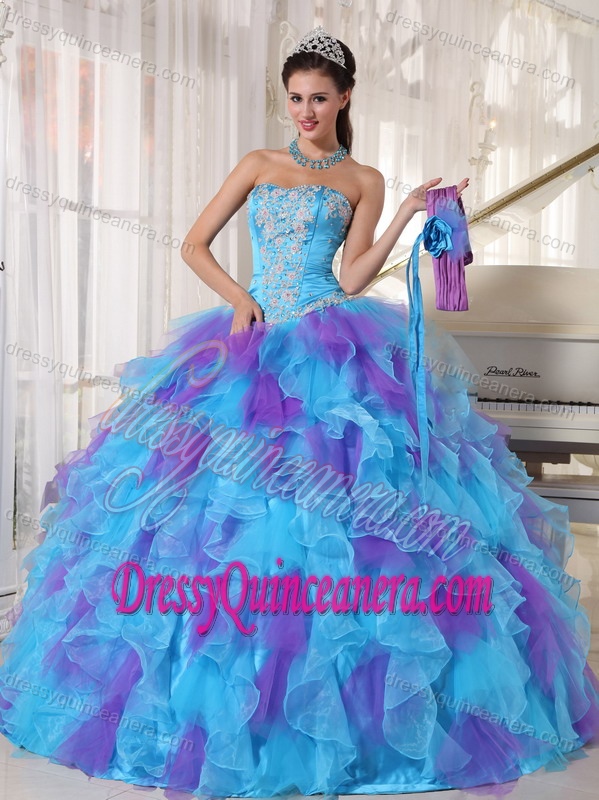 Baby Blue and Purple Strapless Organza Beaded Quince Dress with Appliques