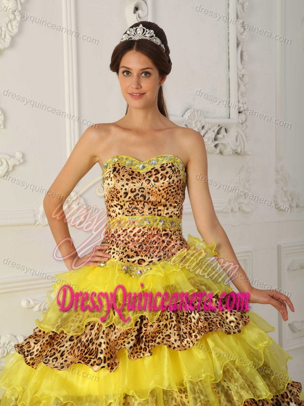 Yellow A-line Strapless Leopard and Organza Ruffled Dress for Quinceanera