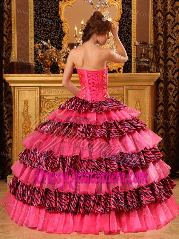 Beautiful Sweetheart Organza and Zebra Beaded Sweet 16 Dress in Hot Pink