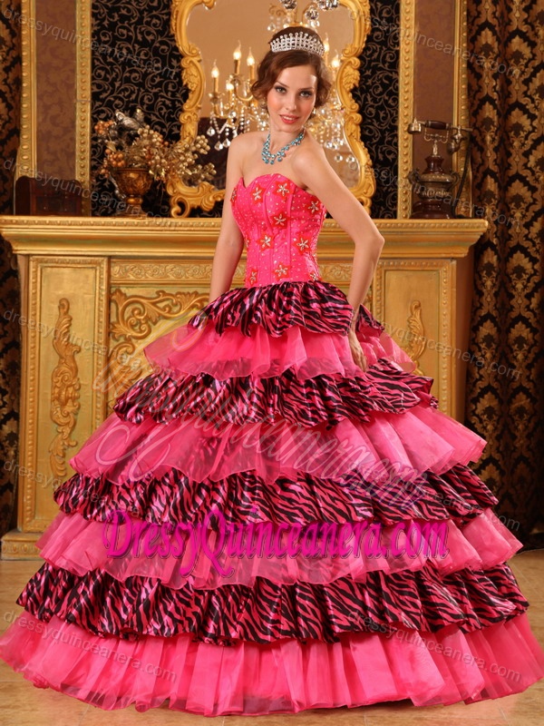 Beautiful Sweetheart Organza and Zebra Beaded Sweet 16 Dress in Hot Pink