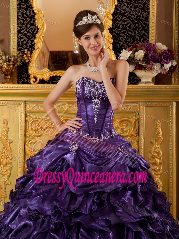 Sweetheart Organza Sweet 15 Dresses with Ruffles and Appliques in Purple
