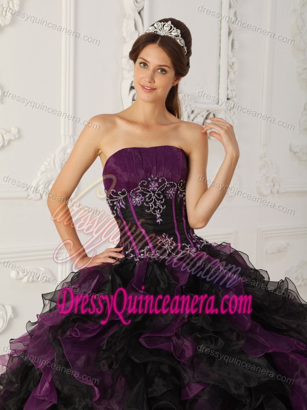 Purple and Black Strapless Taffeta and Organza Beaded Quinceaneras Dress