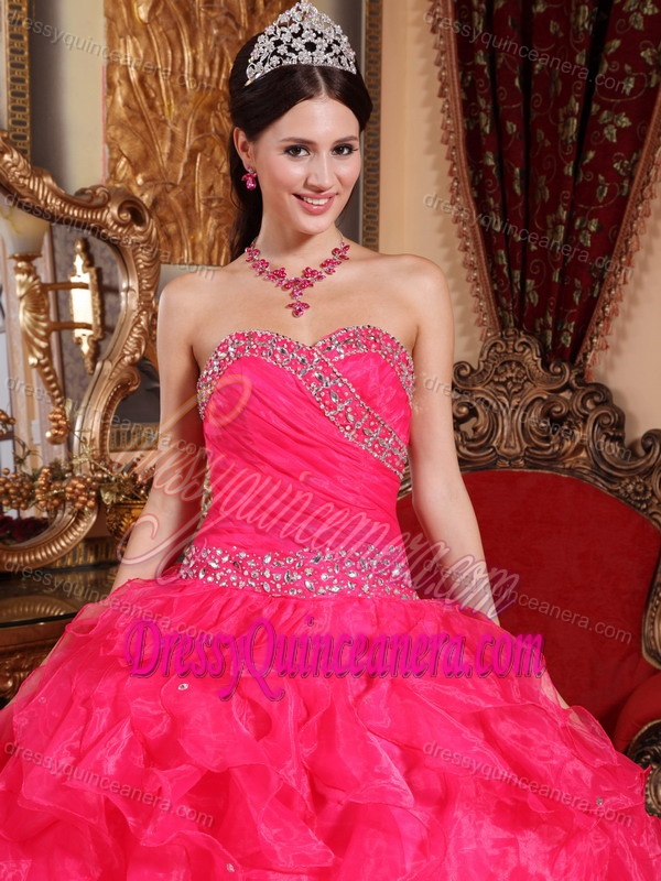 Custom Made Coral Red Organza Quinceanera Gowns with Beading and Pleat
