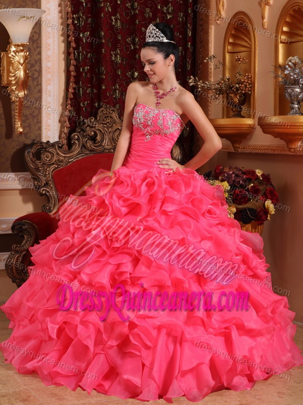 Hot Pink Strapless Organza Quinceaneras Dress with Beading and Appliques