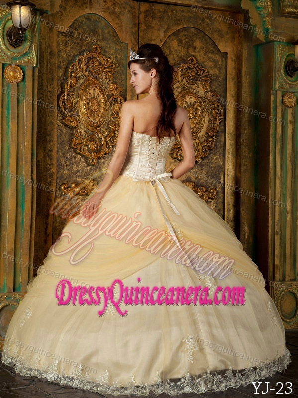 Champagne Strapless Tulle Sweet 15 Dress with Appliques and Handle Flower
