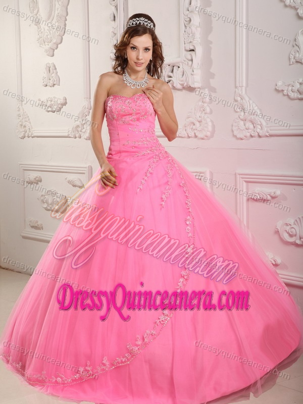 Classical Sweetheart Tulle Appliques Rose Pink Quinces Dresses on Big Sale