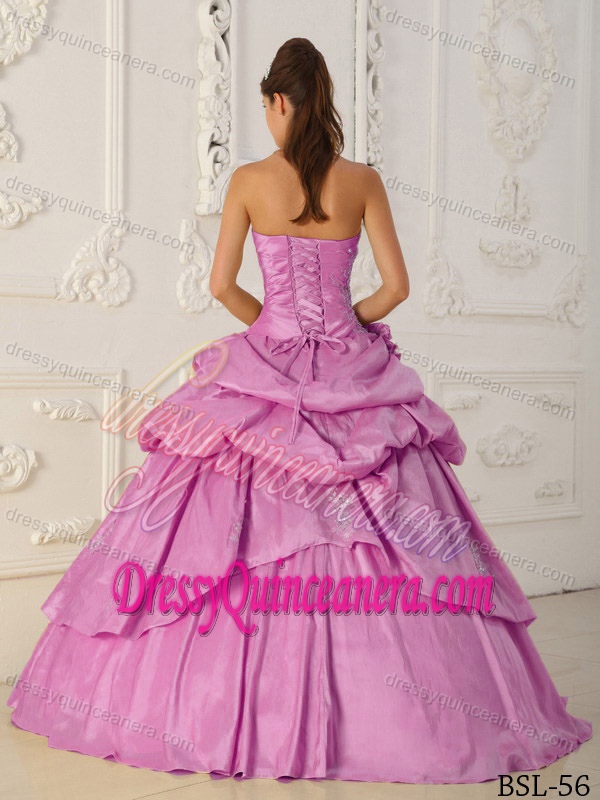 Rose Pink Taffeta Beaded Quince Dress with Pick-ups and Hand Made Flowers