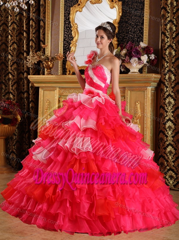 Red One Shoulder Quinceanera Gowns in Organza with Ruffles and Beading