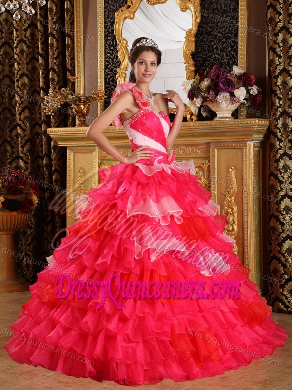 Red One Shoulder Quinceanera Gowns in Organza with Ruffles and Beading