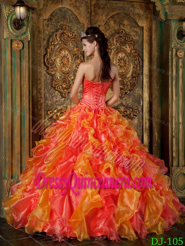 Hot Orange Red Strapless Ruffled and Beaded Quinceanera Gown in Organza