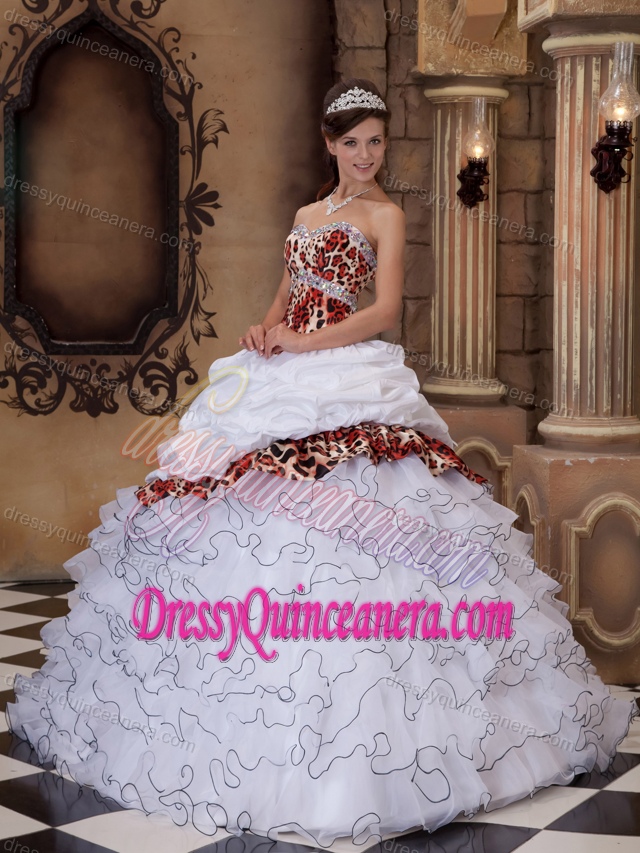 Beaded White Sweetheart Organza and Leopard Quince Dresses with Ruffles
