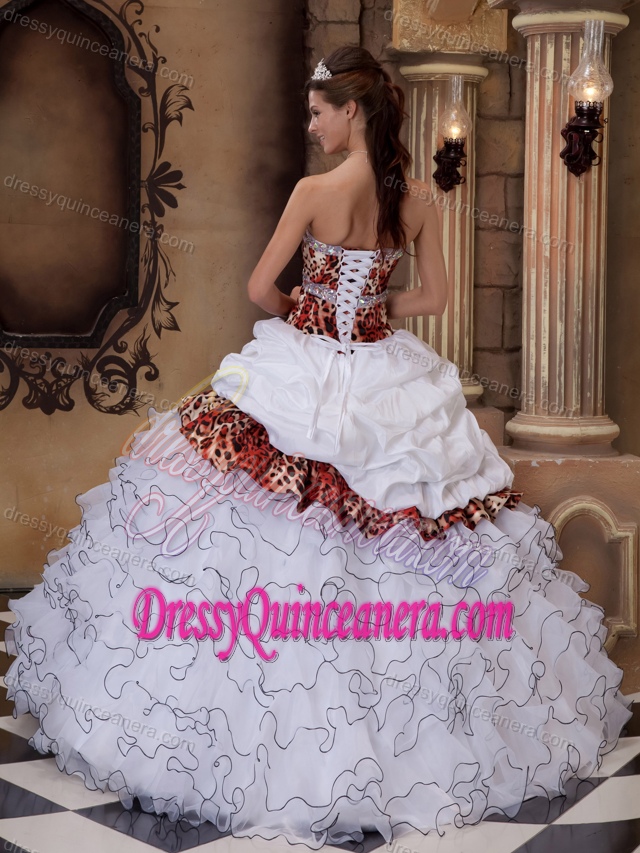 Beaded White Sweetheart Organza and Leopard Quince Dresses with Ruffles