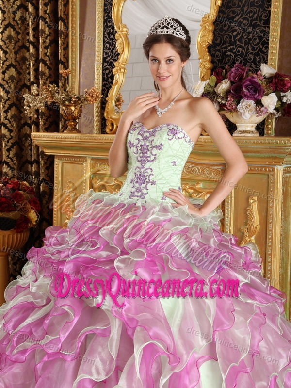 Fuchsia and Apple Green Sweetheart Organza Quinces Dress with Appliques