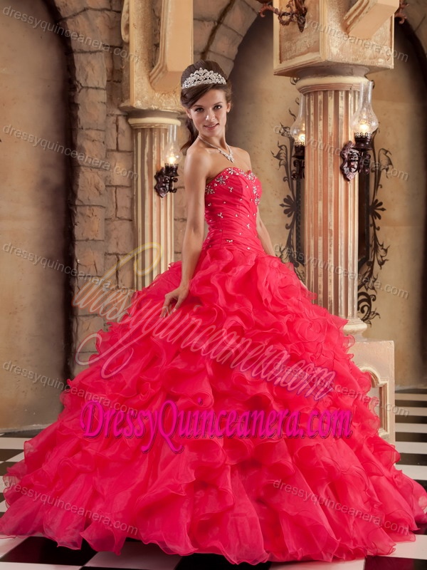 Sweetheart Ruffled Quince Dress with Sweetheart in Red on Promotion