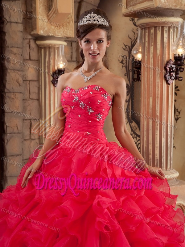 Sweetheart Ruffled Quince Dress with Sweetheart in Red on Promotion