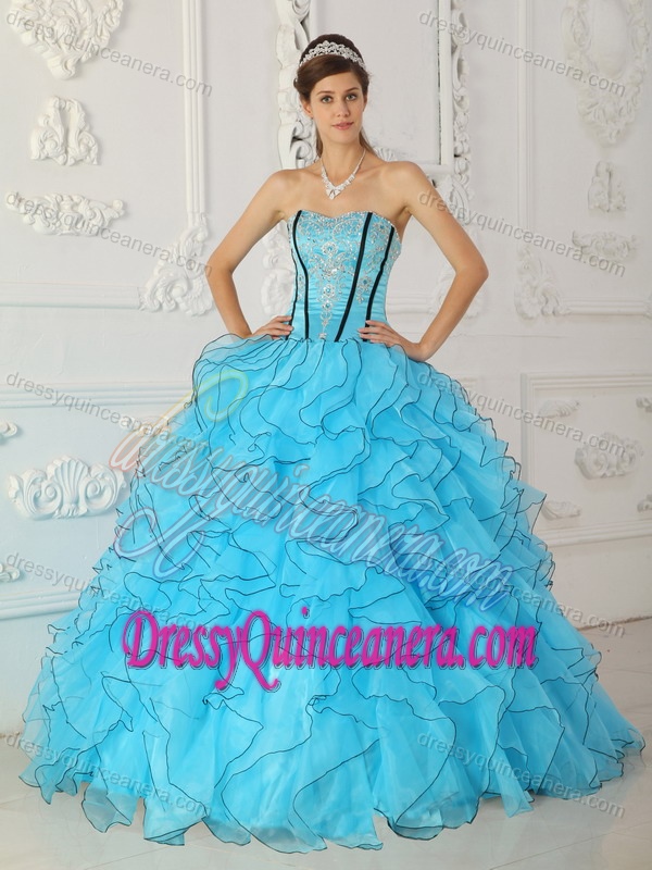 Low Price Baby Blue Ball Gown Strapless Quince Dresses in Organza