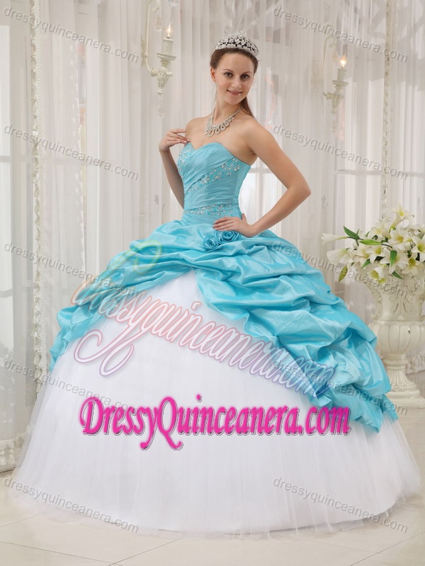 Taffeta and Tulle Discount Aqua Blue Dress for Quince with Beading